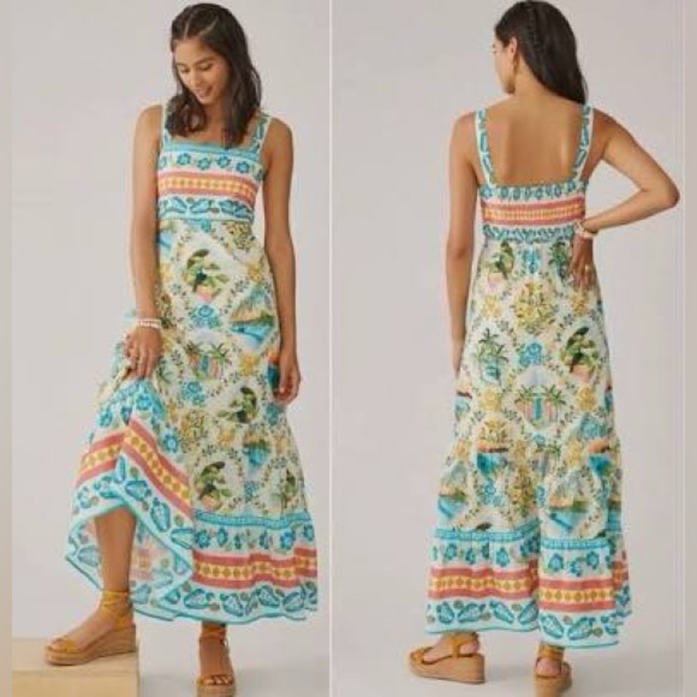 NWT Anthropologie Sz XL Farm Rio Toucan Tropical Print Maxi Dress Ruffle Hem